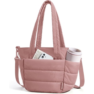 BAGSMART Lunch Bag Women Small Insulated Tote with Lunch Compartment Quilted Lightweight Puffy Tote Bag for Work, Travel, Outdoor, Camel(Nude Pink)