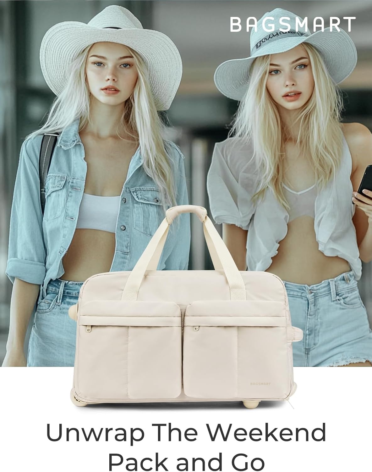 image:imageBAGSMART 42L Rolling Duffle Bag with Wheels Carry On Bag Duffel Bag for Travel Wet Pocket Duffle Bag with Wheels and Handle BeigeBeige