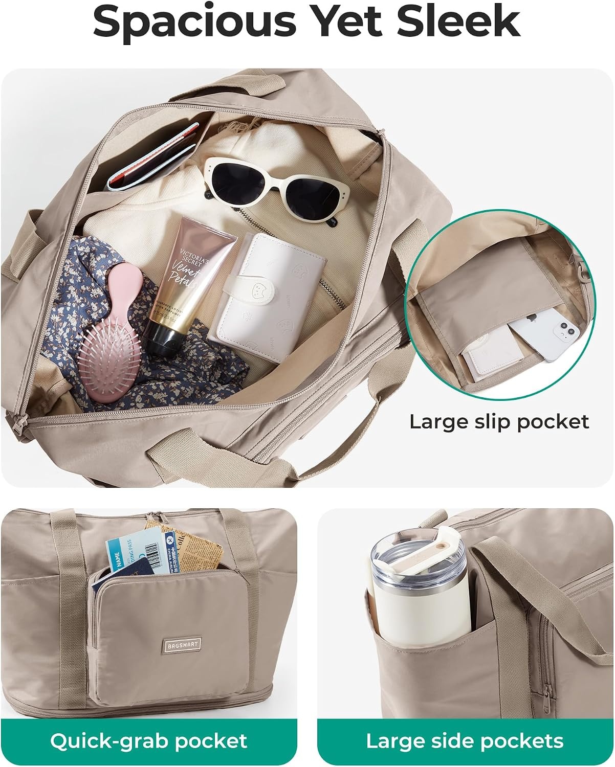 image:imageBAGSMART Foldable Travel Bag 37L Expandable Personal Item Bag BlackCamel