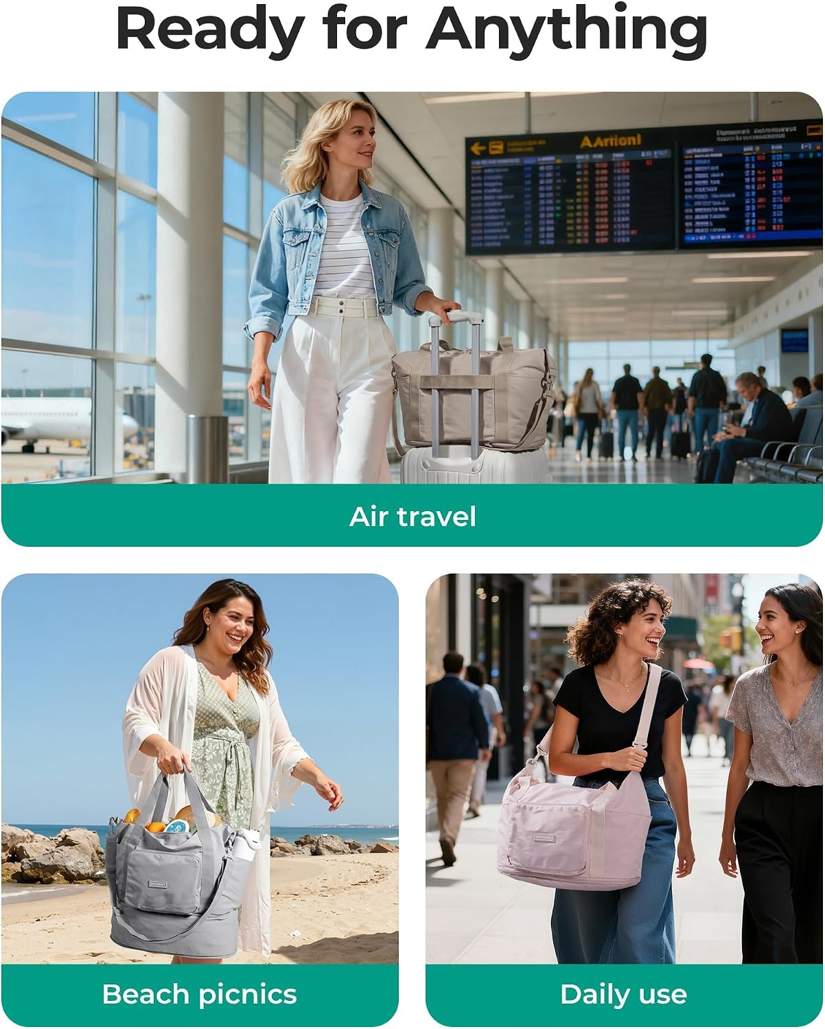 image:imageBAGSMART Foldable Travel Bag 37L Expandable Personal Item Bag BlackTeal
