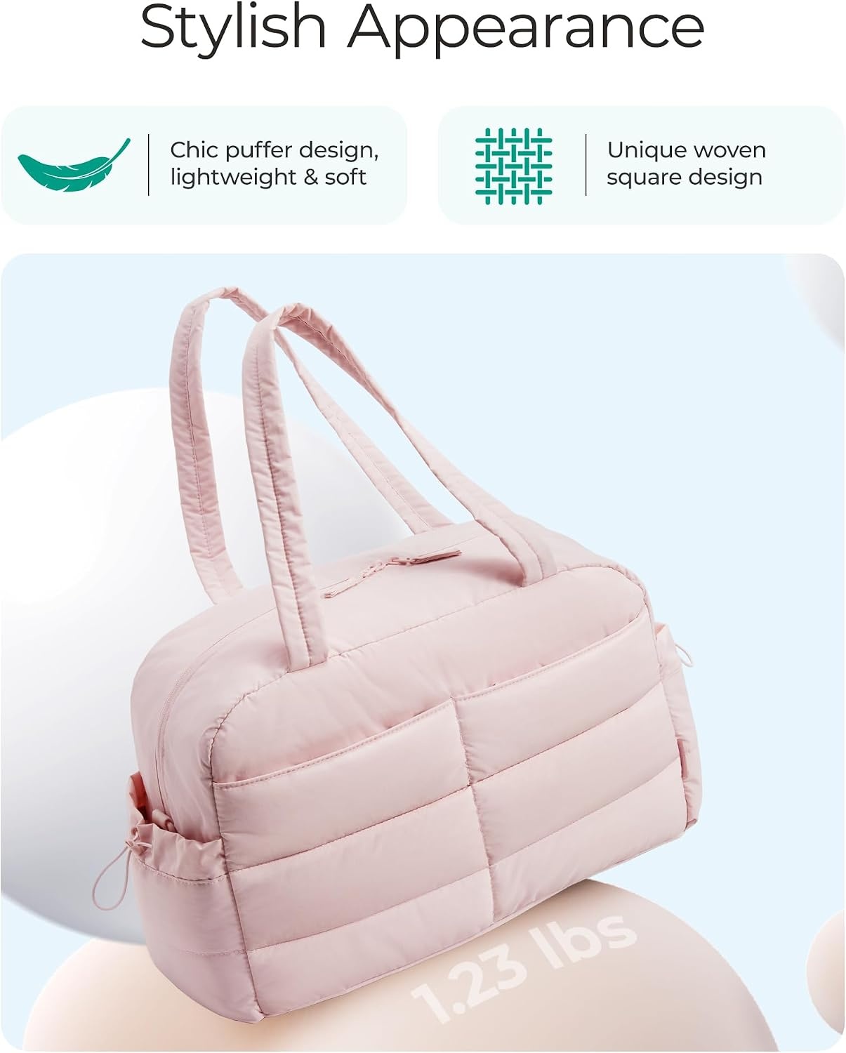 image:imageBAGSMART Gym Bag for Women 2PC Puffer Travel Duffle Bag Carry On Tote BagBaby Pink