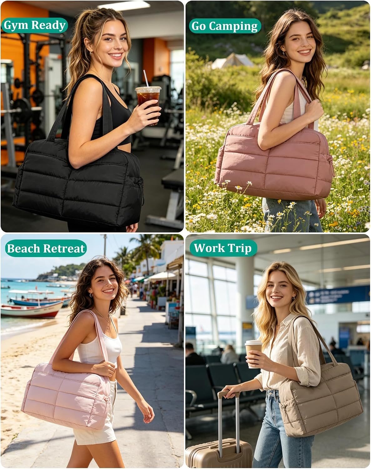 image:imageBAGSMART Gym Bag for Women 2PC Puffer Travel Duffle Bag Carry On Tote BagBeige