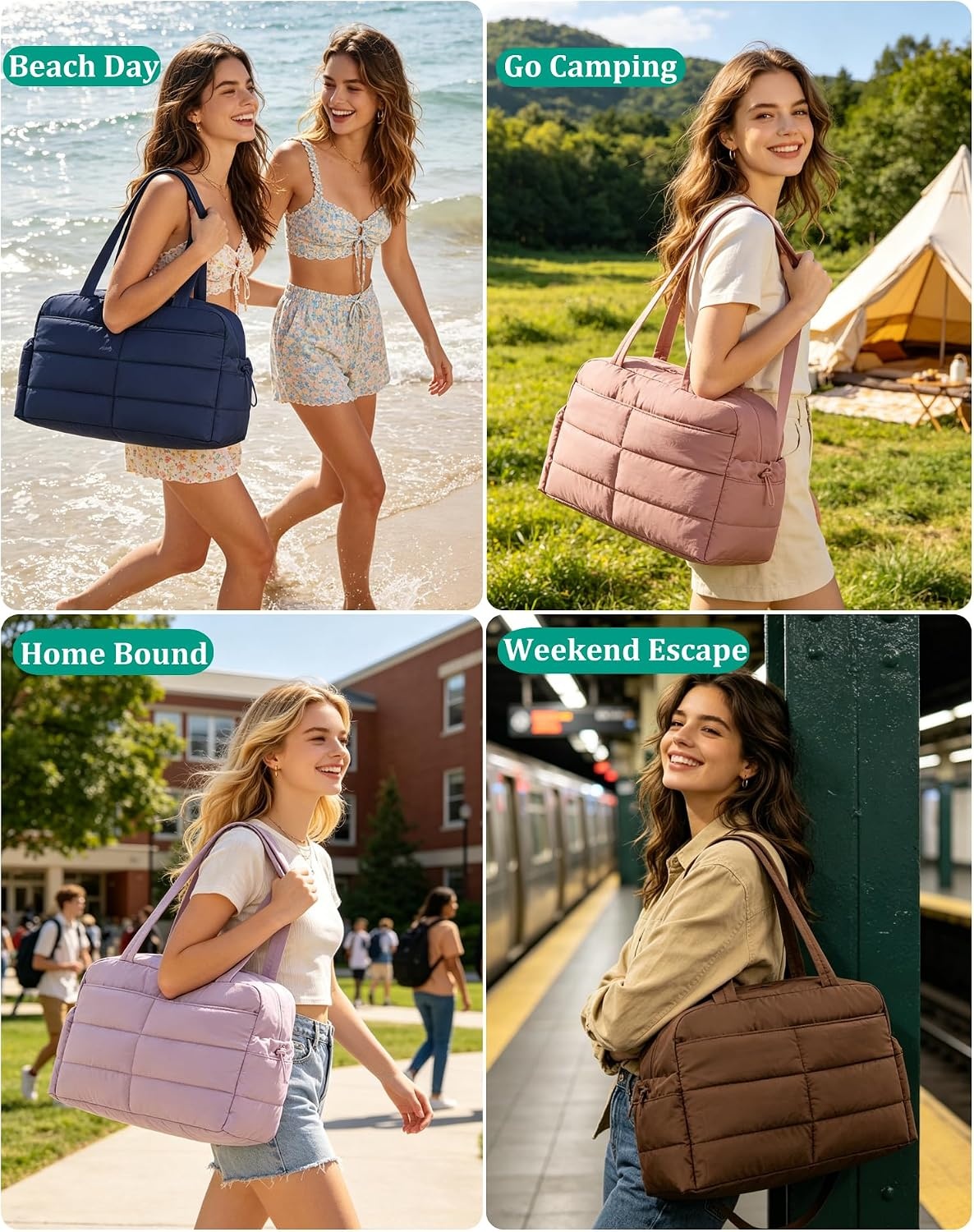 image:imageBAGSMART Gym Bag for Women 2PC Puffer Travel Duffle Bag Carry On Tote BagBeige