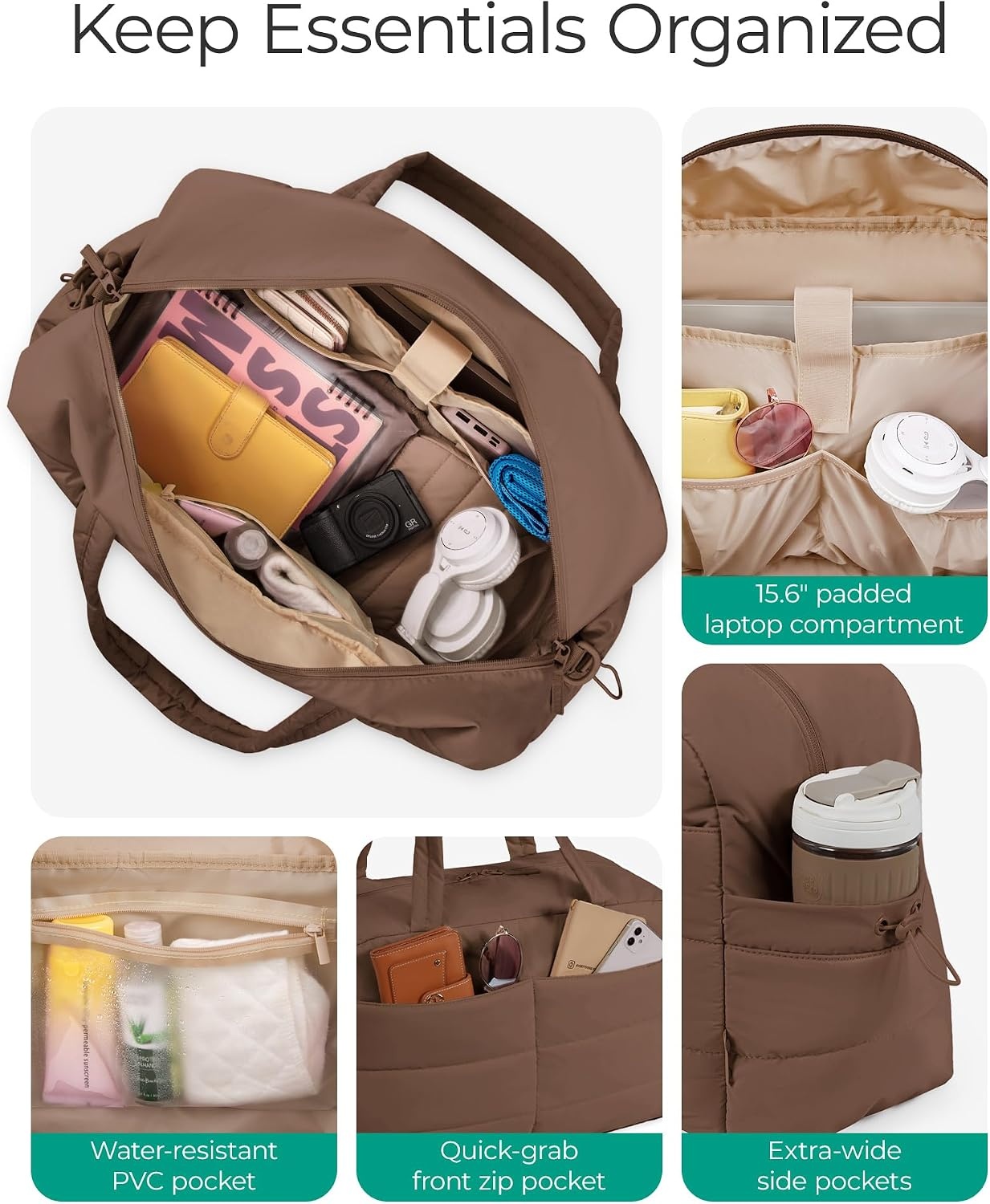 image:imageBAGSMART Gym Bag for Women 2PC Puffer Travel Duffle Bag Carry On Tote BagCoffee Brown