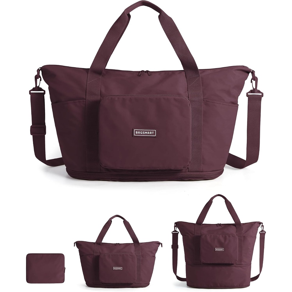 image:imageBAGSMART Foldable Travel Bag 37L Expandable Personal Item Bag BlackCherry Red