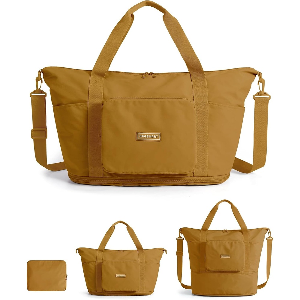 image:imageBAGSMART Foldable Travel Bag 37L Expandable Personal Item Bag BlackYellow Brownstone