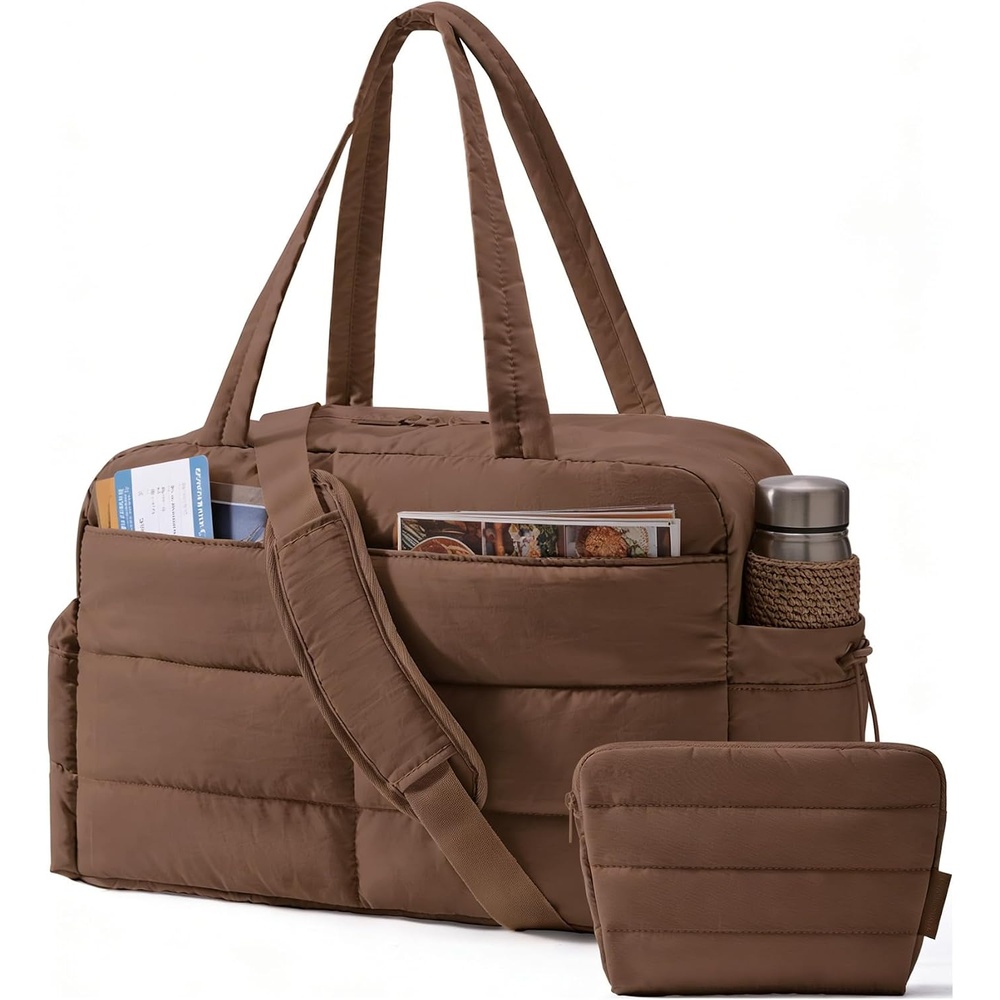 image:imageBAGSMART Gym Bag for Women 2PC Puffer Travel Duffle Bag Carry On Tote BagCoffee Brown