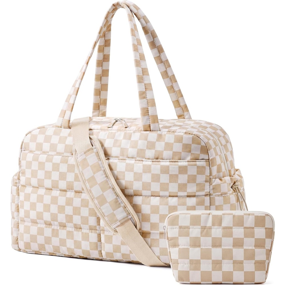 image:imageBAGSMART Gym Bag for Women 2PC Puffer Travel Duffle Bag Carry On Tote BagKhaki checkered