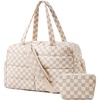 BAGSMART Gym Bag for Women, 2-PC Puffer Travel Duffle Bag Carry On Tote Bag(Khaki checkered)