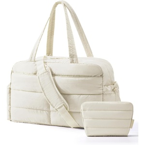 BAGSMART Gym Bag for Women, 2-PC Puffer Travel Duffle Bag Carry On Tote Bag(Beige)