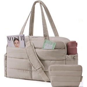 BAGSMART Gym Bag for Women, 2-PC Puffer Travel Duffle Bag Carry On Tote Bag(Camel)
