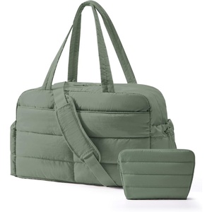 BAGSMART Gym Bag for Women, 2-PC Puffer Travel Duffle Bag Carry On Tote Bag(Haze Green)