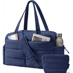 BAGSMART Gym Bag for Women, 2-PC Puffer Travel Duffle Bag Carry On Tote Bag(Navy Blue)