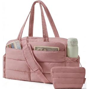 BAGSMART Gym Bag for Women, 2-PC Puffer Travel Duffle Bag Carry On Tote Bag(Pink)