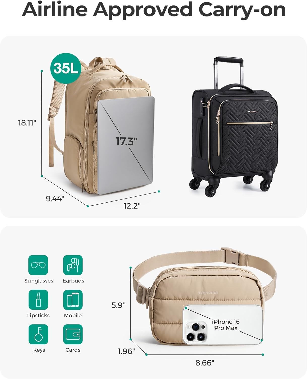 image:imageBAGSMART 35L Travel Backpack for Women 173 CarryOn Personal ItemDesert
