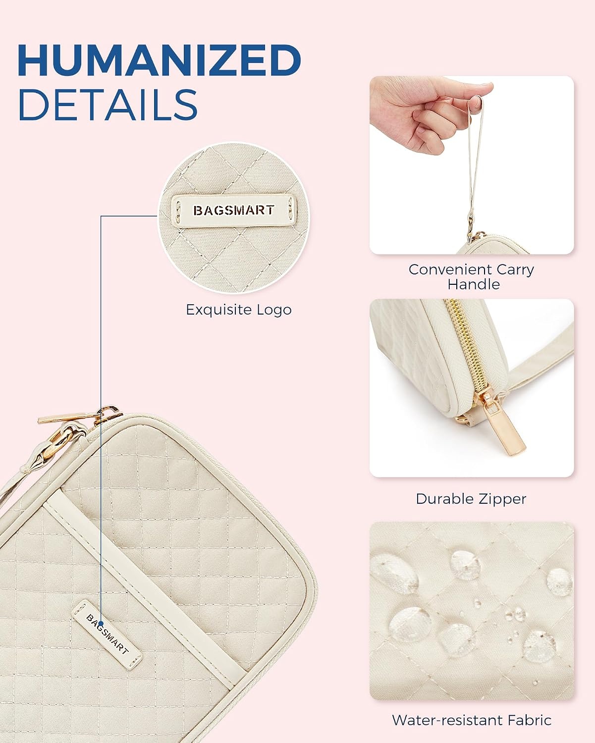 image:imageBAGSMART Cord Organizer Travel Cable Organizer Bag Tech Electronic Organizer Travel Case Travel Essentials for Charger Cable Phone Flash drive Single Layer BeigeSingle Layer Quilted Beige