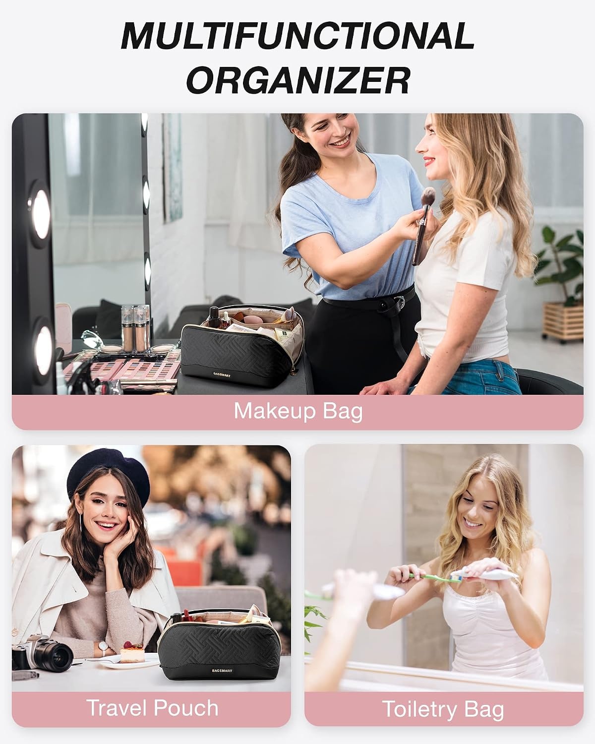 image:imageBAGSMART Makeup Bag Cosmetic Bag Travel Makeup BagWaterresistent Makeup Bags for Women Portable Pouch Open Flat Make Up Organizer Bag for Toiletries Brushes PinkBlack