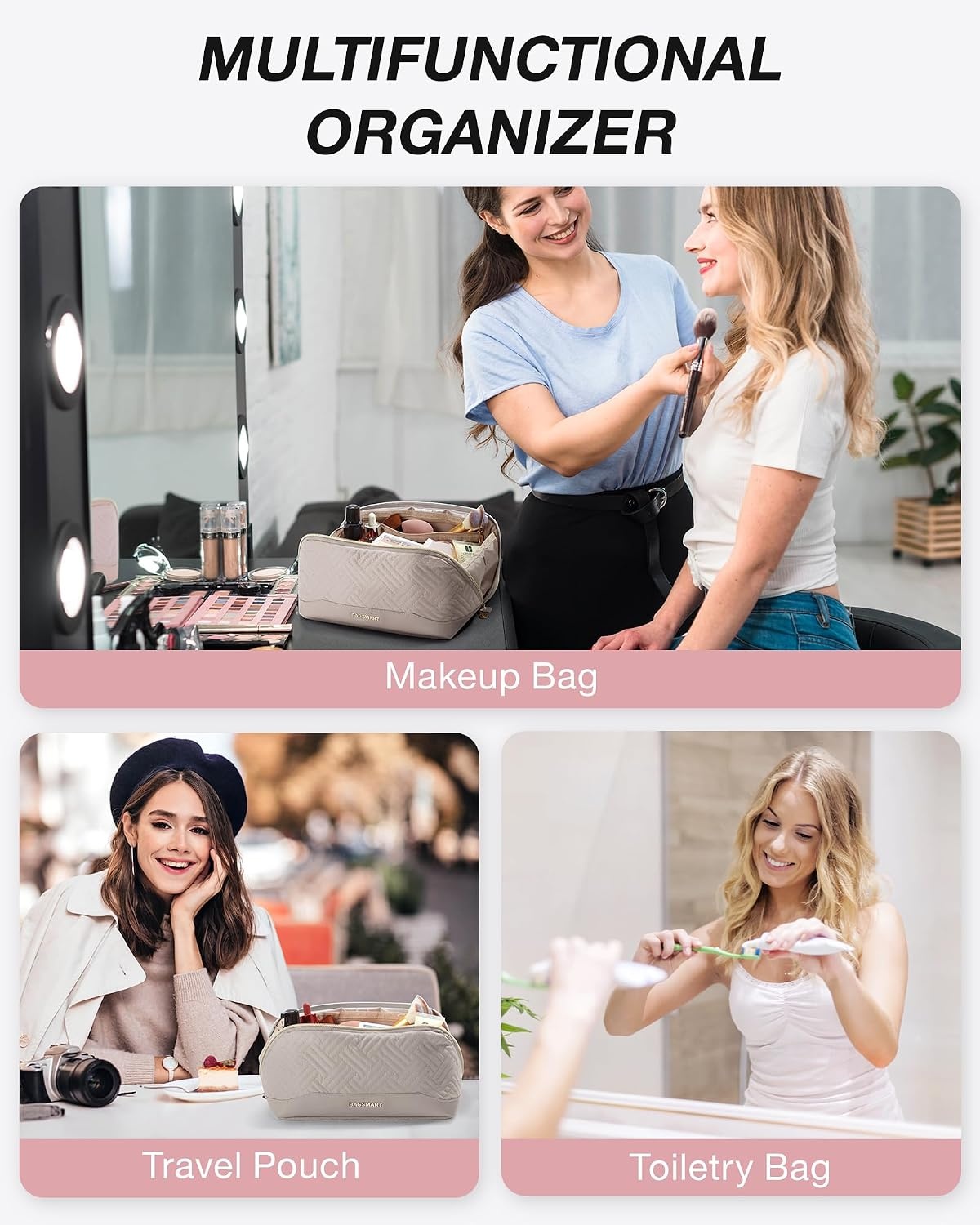 image:imageBAGSMART Makeup Bag Cosmetic Bag Travel Makeup BagWaterresistent Makeup Bags for Women Portable Pouch Open Flat Make Up Organizer Bag for Toiletries Brushes Pink21Tranquil Gray