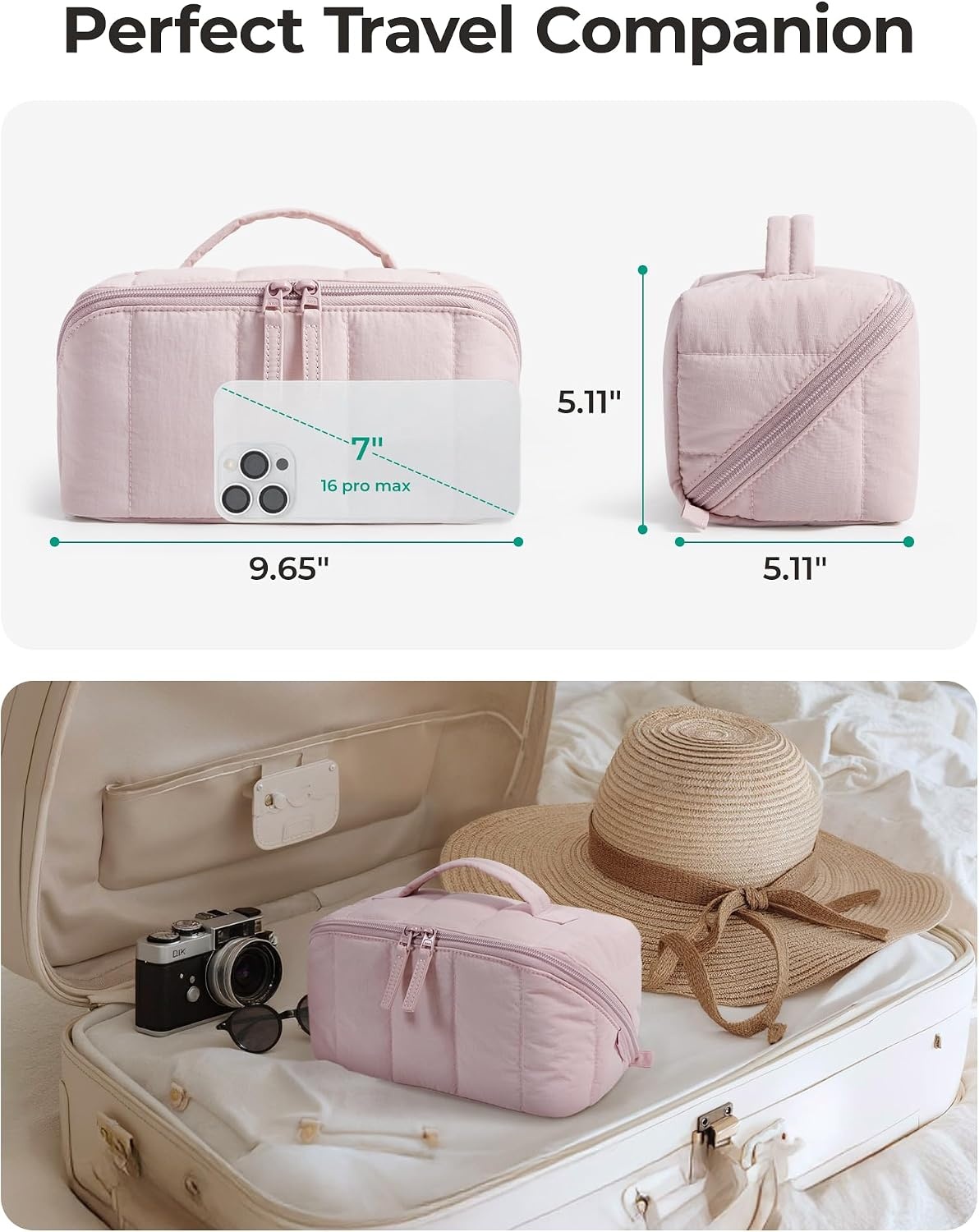 image:imageBAGSMART Makeup Bag Cosmetic Bag Travel Makeup BagWaterresistent Makeup Bags for Women Portable Pouch Open Flat Make Up Organizer Bag for Toiletries Brushes Pink07Greige
