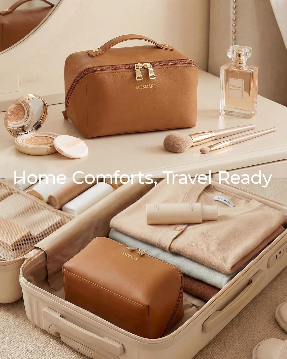 image:imageBAGSMART Makeup Bag Travel Cosmetic BagWomen Toiletry Case Classic Brown19 Yellow