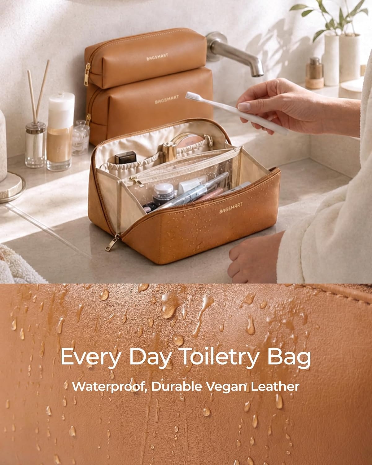 image:imageBAGSMART Makeup Bag Travel Cosmetic BagWomen Toiletry Case Classic Brown31 Classic Brown