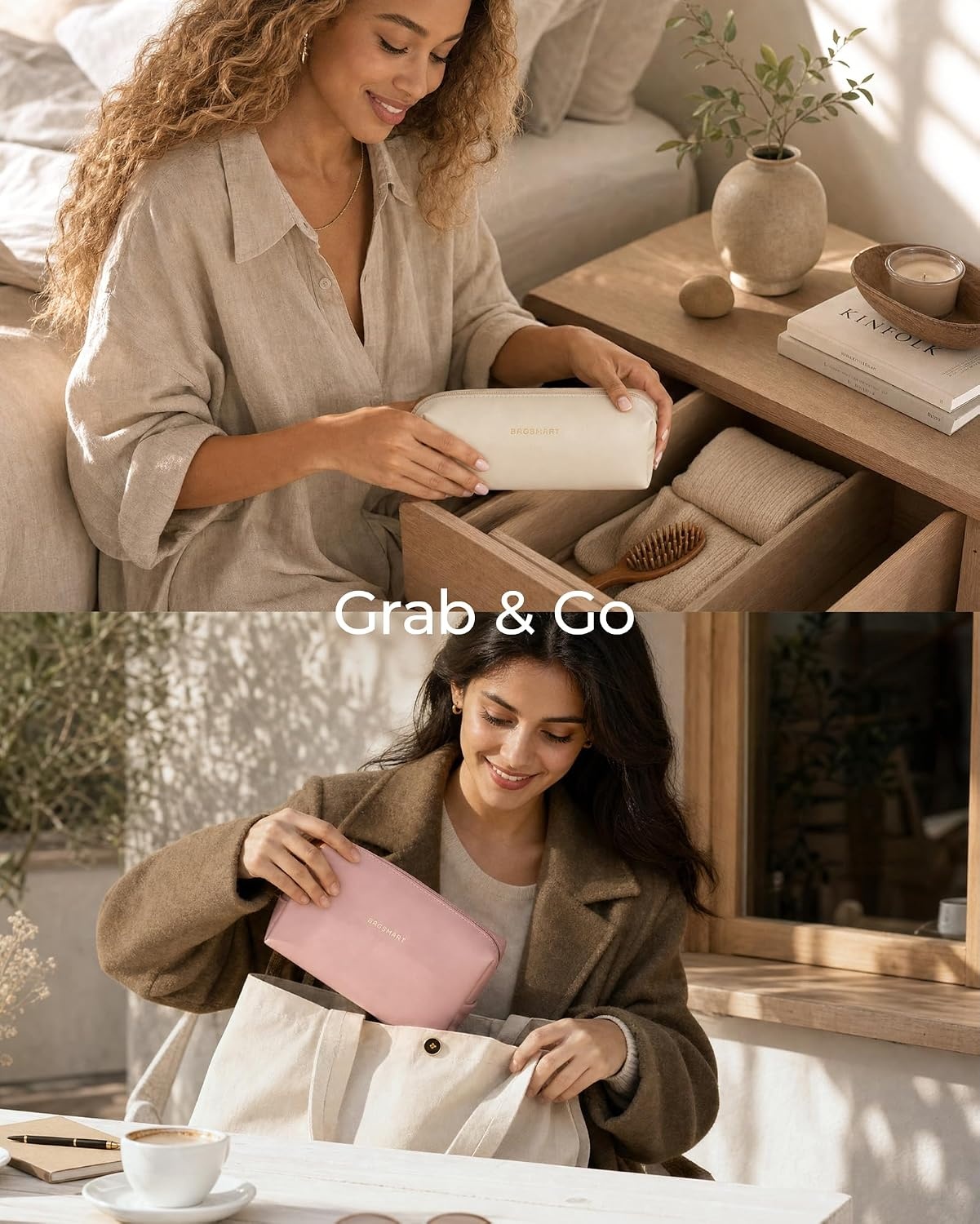 image:imageBAGSMART Makeup Bag Travel Cosmetic BagWomen Toiletry Case Classic Brown33Nude Pink