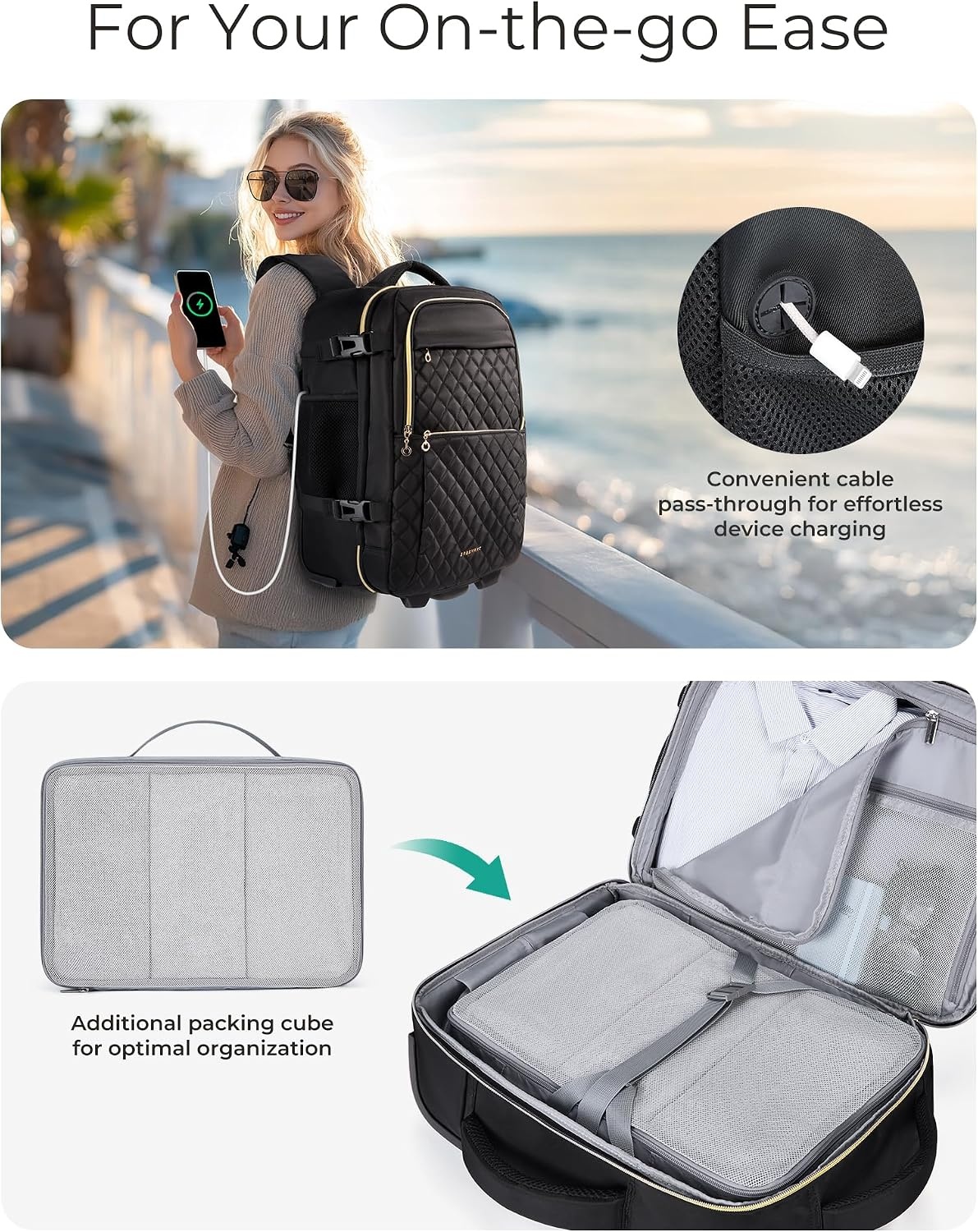 image:imageBAGSMART Rolling Backpack for Women Wheeled Backpack with Packing Cube Travel Back pack with Wheels Carry On Suitcase Bag 17 Inch Large Roller Daypack BlackBlack
