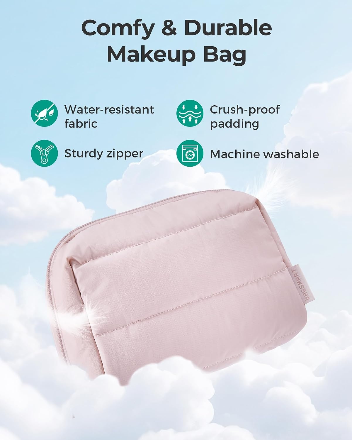 image:imageBAGSMART Small Makeup Bag Puffy Wideopen Zipper Cosmetic Pouch PinkAiry Blue