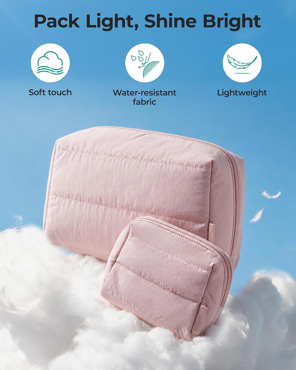 image:imageBAGSMART Small Makeup Bag Puffy Wideopen Zipper Cosmetic Pouch PinkBaby Pink