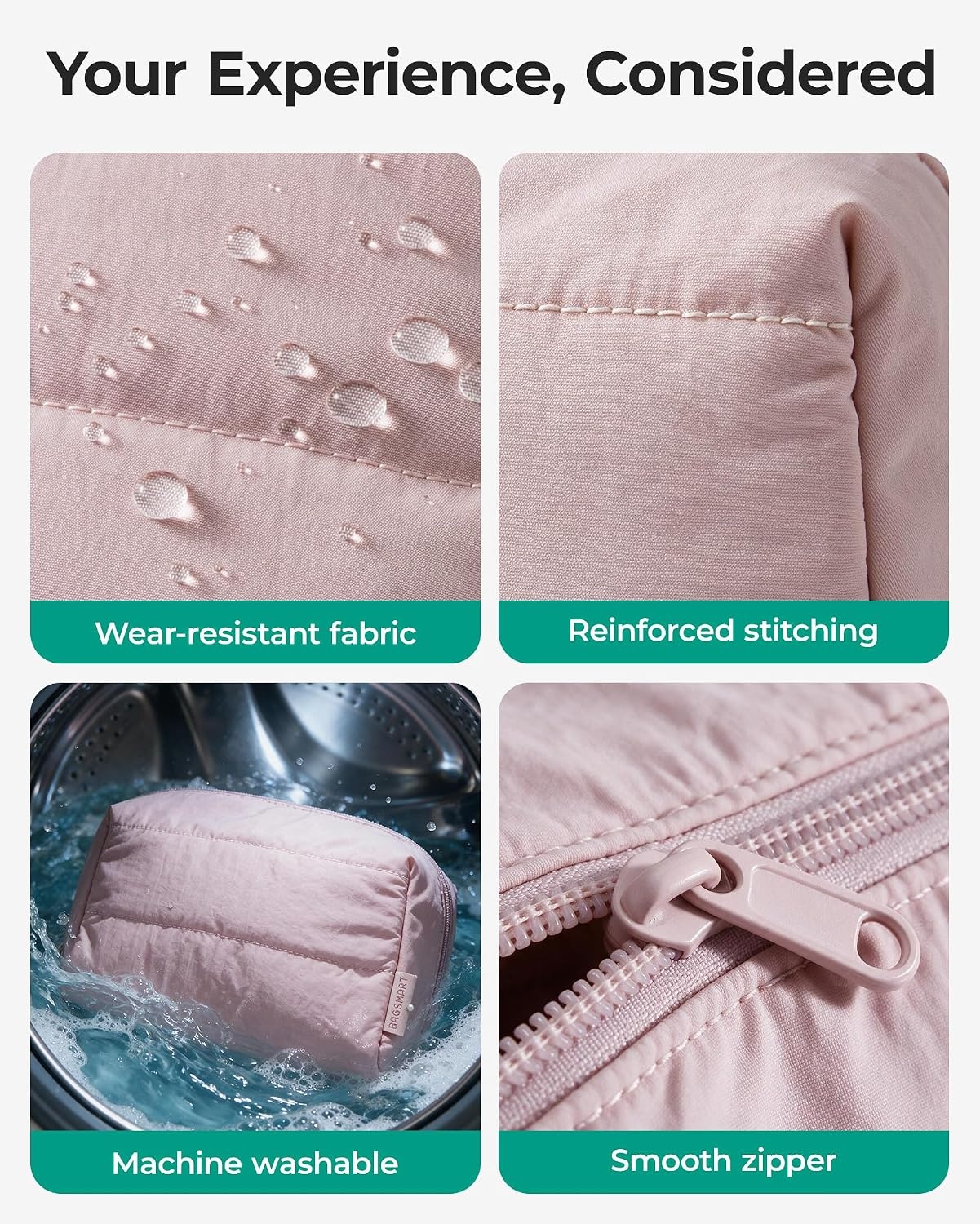 image:imageBAGSMART Small Makeup Bag Puffy Wideopen Zipper Cosmetic Pouch PinkBaby Pink