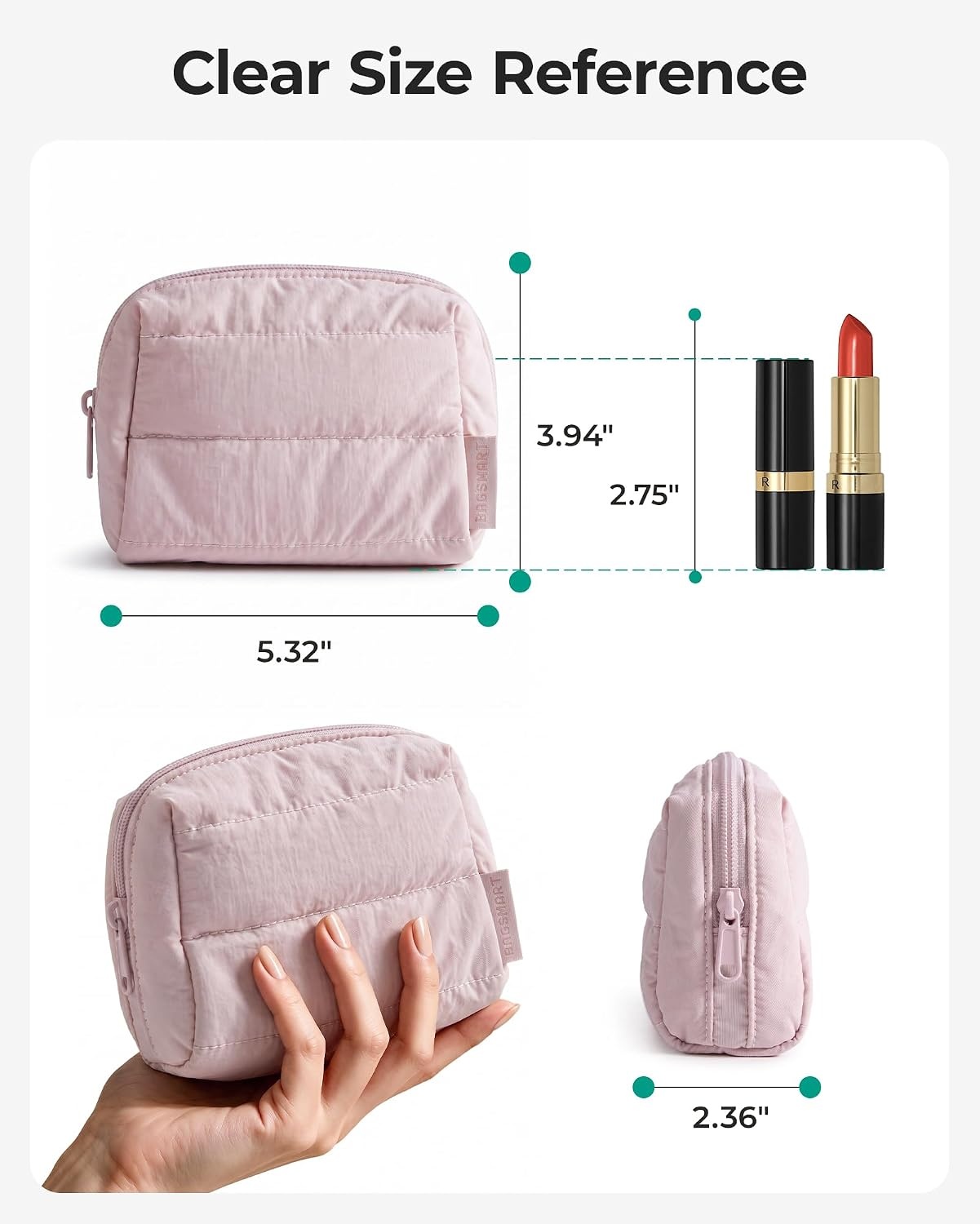 image:imageBAGSMART Small Makeup Bag Puffy Wideopen Zipper Cosmetic Pouch PinkBaby Pink