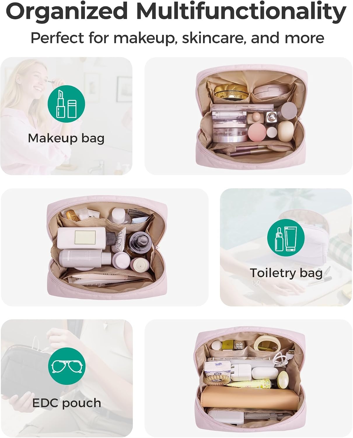 image:imageBAGSMART Small Makeup Bag Puffy Wideopen Zipper Cosmetic Pouch PinkBaby Pink