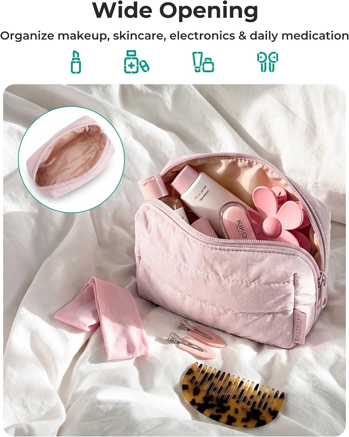 image:imageBAGSMART Small Makeup Bag Puffy Wideopen Zipper Cosmetic Pouch PinkBaby Pink