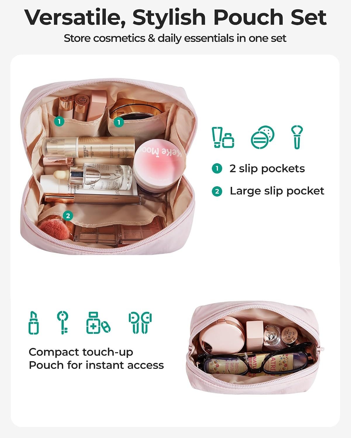 image:imageBAGSMART Small Makeup Bag Puffy Wideopen Zipper Cosmetic Pouch PinkBaby Pink