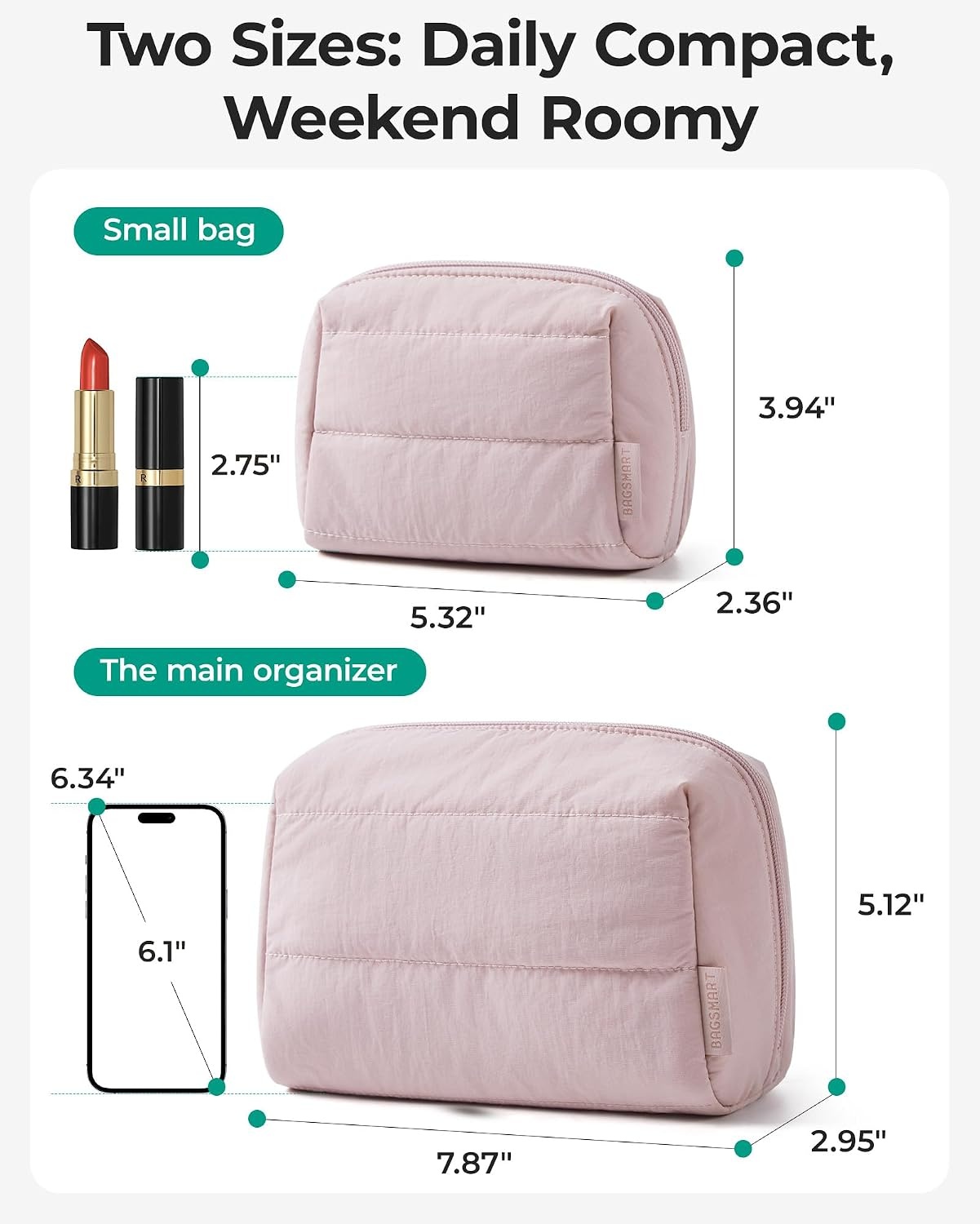 image:imageBAGSMART Small Makeup Bag Puffy Wideopen Zipper Cosmetic Pouch PinkBaby Pink