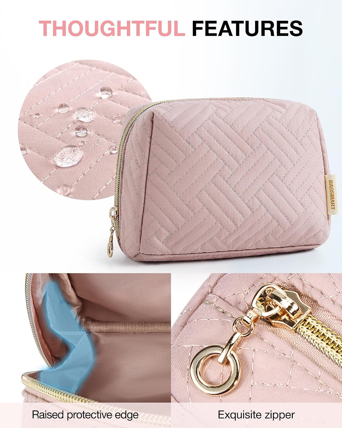 image:imageBAGSMART Small Makeup Bag Puffy Wideopen Zipper Cosmetic Pouch PinkPink