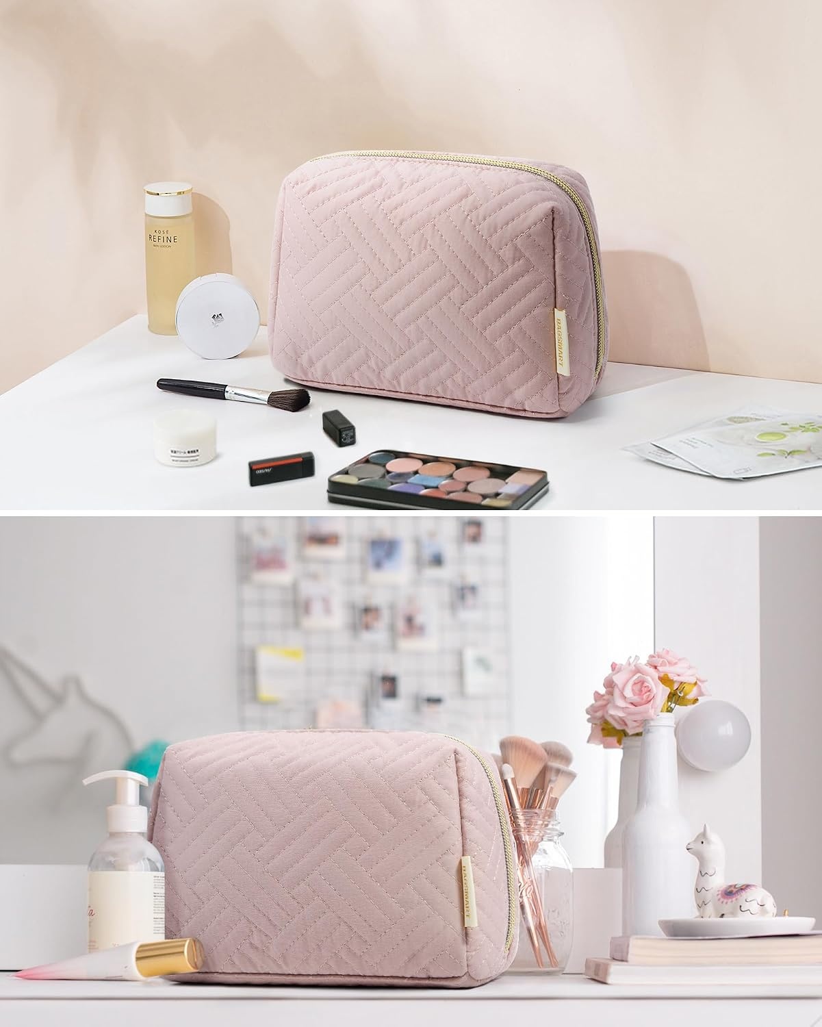 image:imageBAGSMART Small Makeup Bag Puffy Wideopen Zipper Cosmetic Pouch PinkPink
