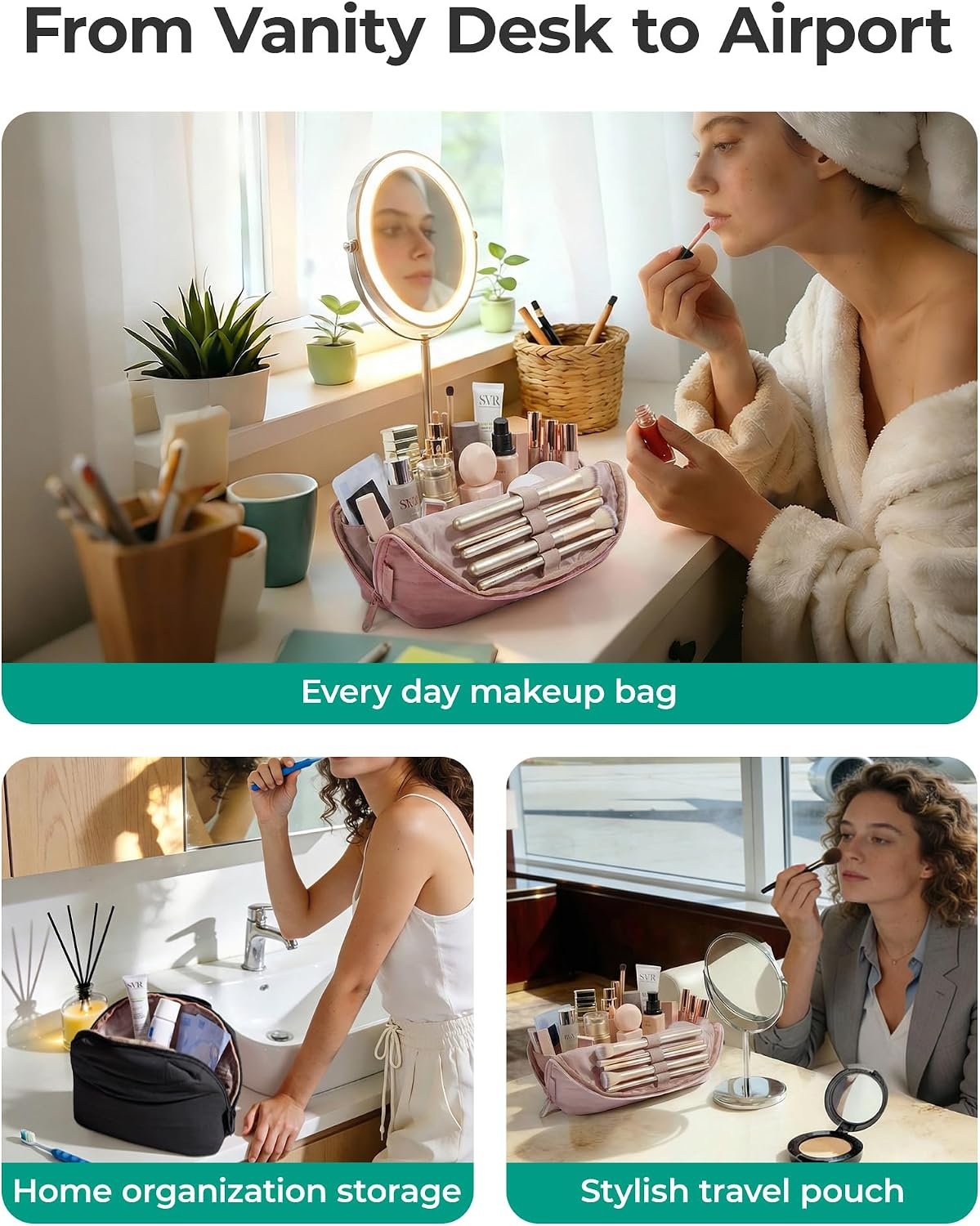 image:imageBAGSMART Travel Makeup Bag FoldDown Cosmetic Pouch for Women PinkBaby Pink