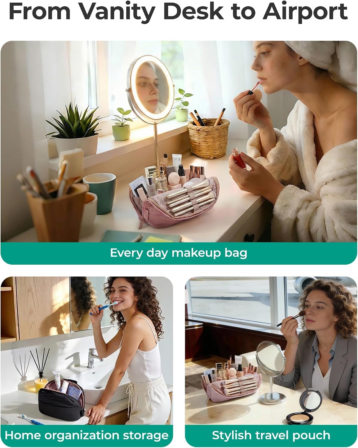 image:imageBAGSMART Travel Makeup Bag FoldDown Cosmetic Pouch for Women PinkLeopard Print