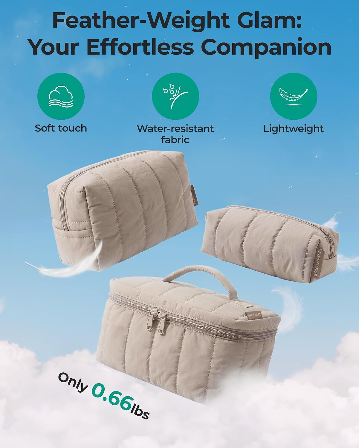 image:imageBAGSMART Travel Makeup Bag Set 3 Pc Puffy Cosmetic Pouch BlackChocolate Brown