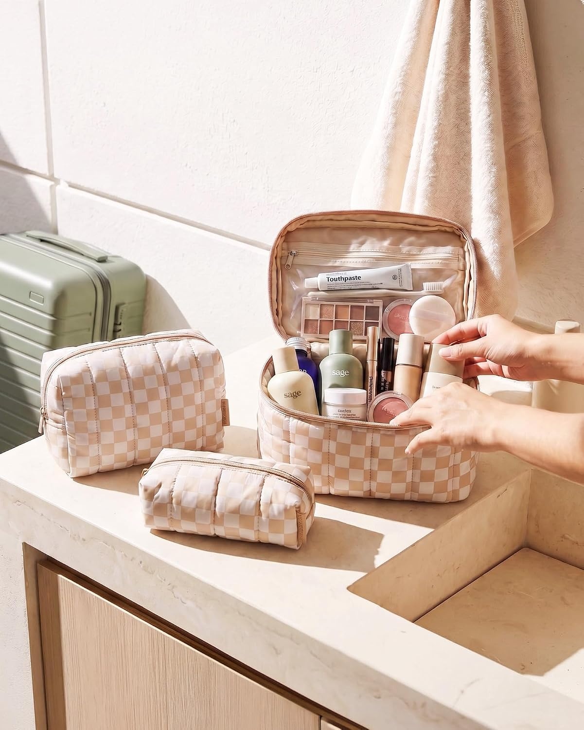 image:imageBAGSMART Travel Makeup Bag Set 3 Pc Puffy Cosmetic Pouch BlackDusty Rose