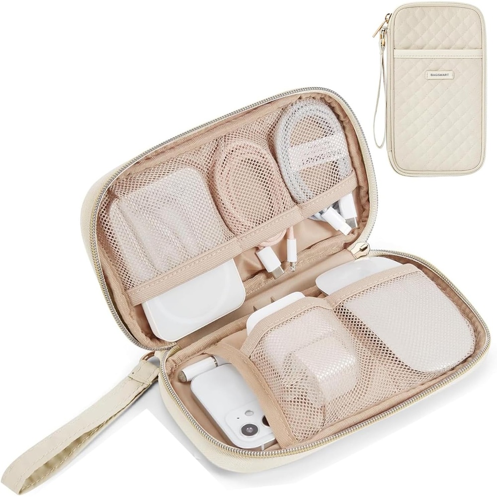 image:imageBAGSMART Cord Organizer Travel Cable Organizer Bag Tech Electronic Organizer Travel Case Travel Essentials for Charger Cable Phone Flash drive Single Layer  BeigeSingle Layer Quilted Beige