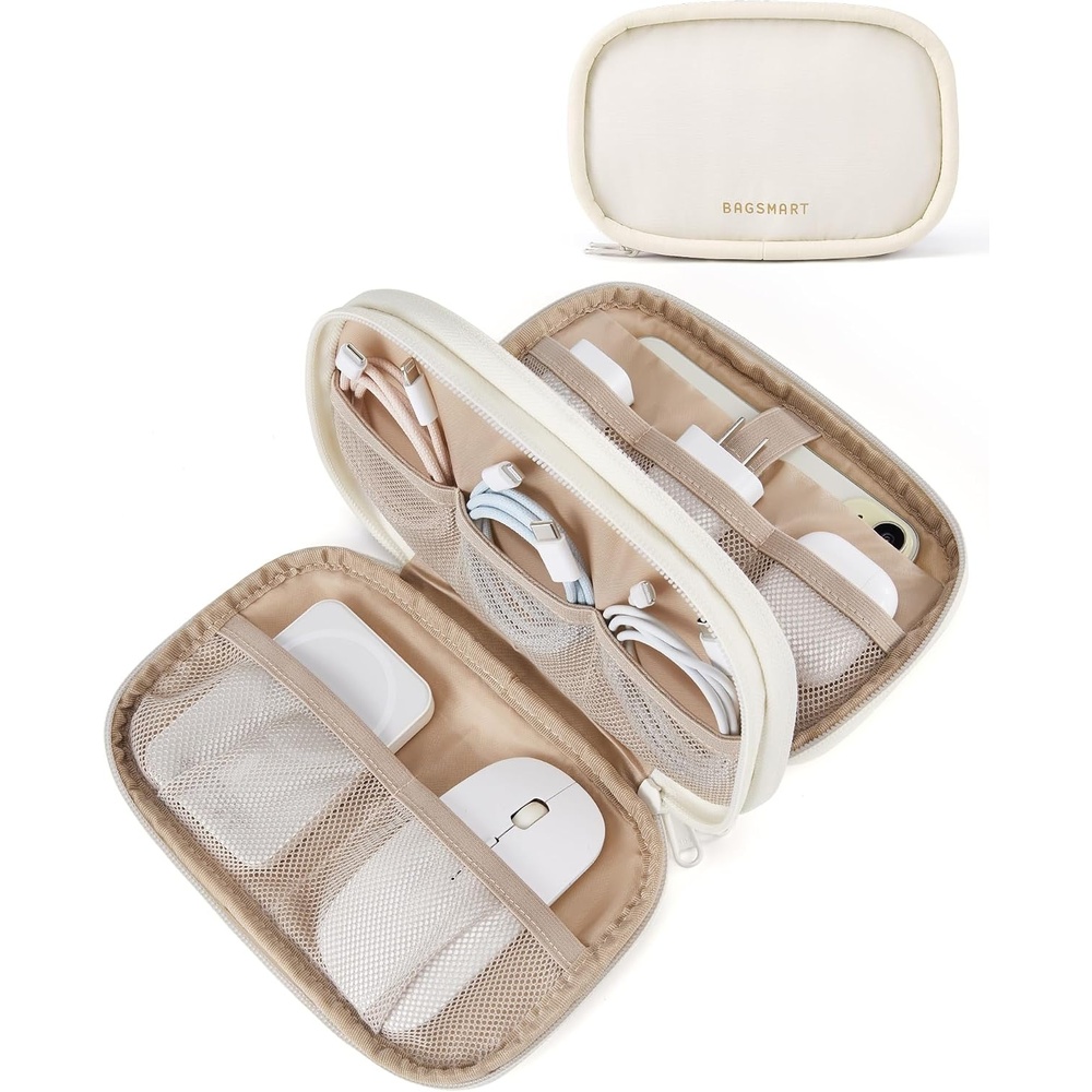 image:imageBAGSMART Electronics Organizer Travel Case for Cords Chargers Phones BlackADouble Layer Beige