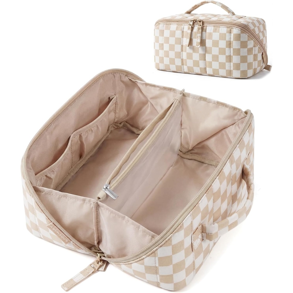 image:imageBAGSMART Makeup Bag Cosmetic Bag Travel Makeup BagWaterresistent Makeup Bags for Women Portable Pouch Open Flat Make Up Organizer Bag for Toiletries Brushes Pink08Checkred Khaki