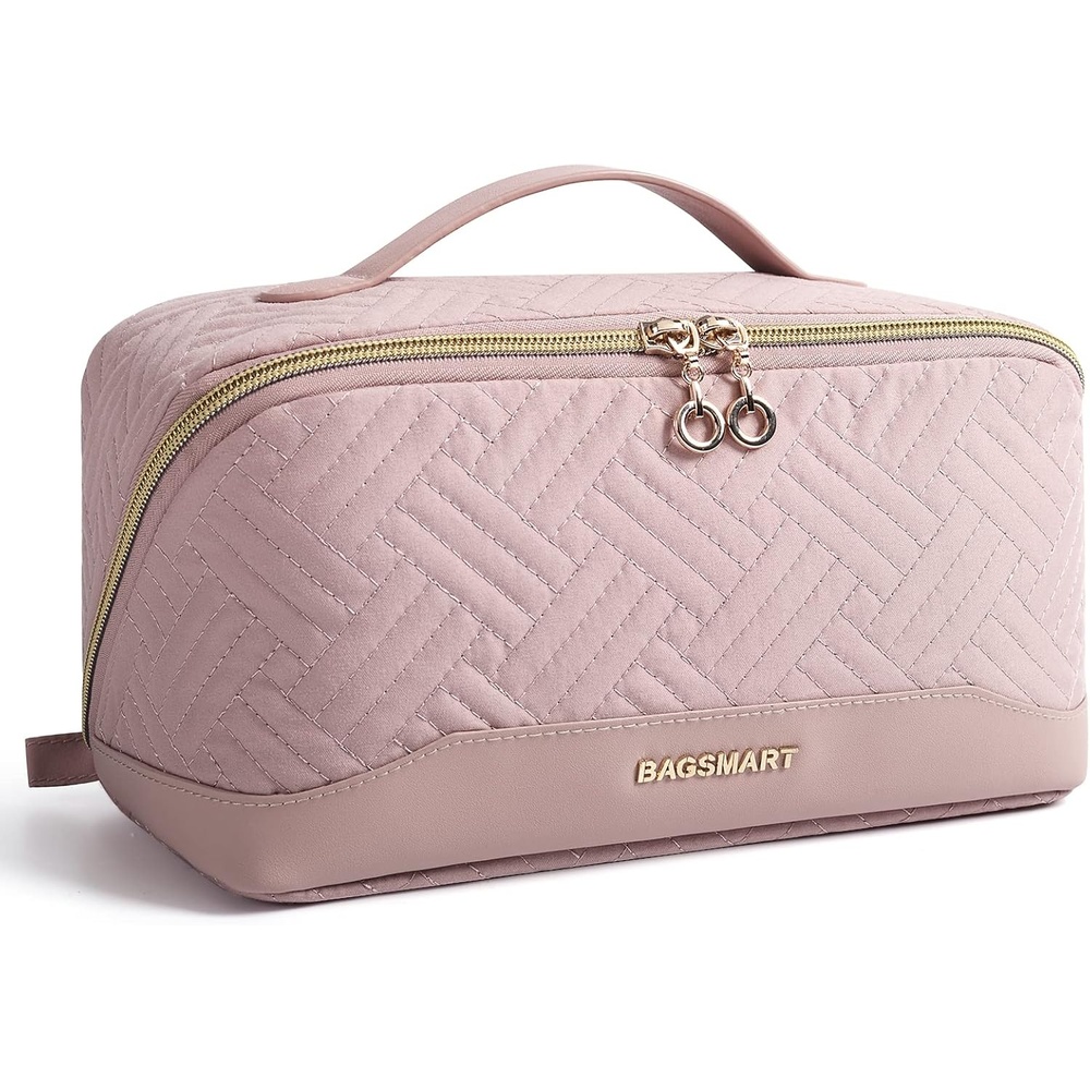 image:imageBAGSMART Makeup Bag Cosmetic Bag Travel Makeup BagWaterresistent Makeup Bags for Women Portable Pouch Open Flat Make Up Organizer Bag for Toiletries Brushes PinkPink