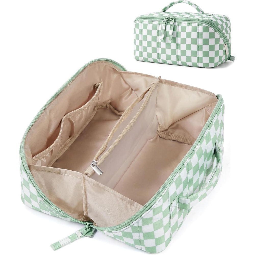 image:imageBAGSMART Makeup Bag Cosmetic Bag Travel Makeup BagWaterresistent Makeup Bags for Women Portable Pouch Open Flat Make Up Organizer Bag for Toiletries Brushes Pink12Checkred Green
