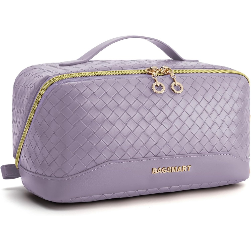 image:imageBAGSMART Makeup Bag Cosmetic Bag Travel Makeup BagWaterresistent Makeup Bags for Women Portable Pouch Open Flat Make Up Organizer Bag for Toiletries Brushes PinkAPurple