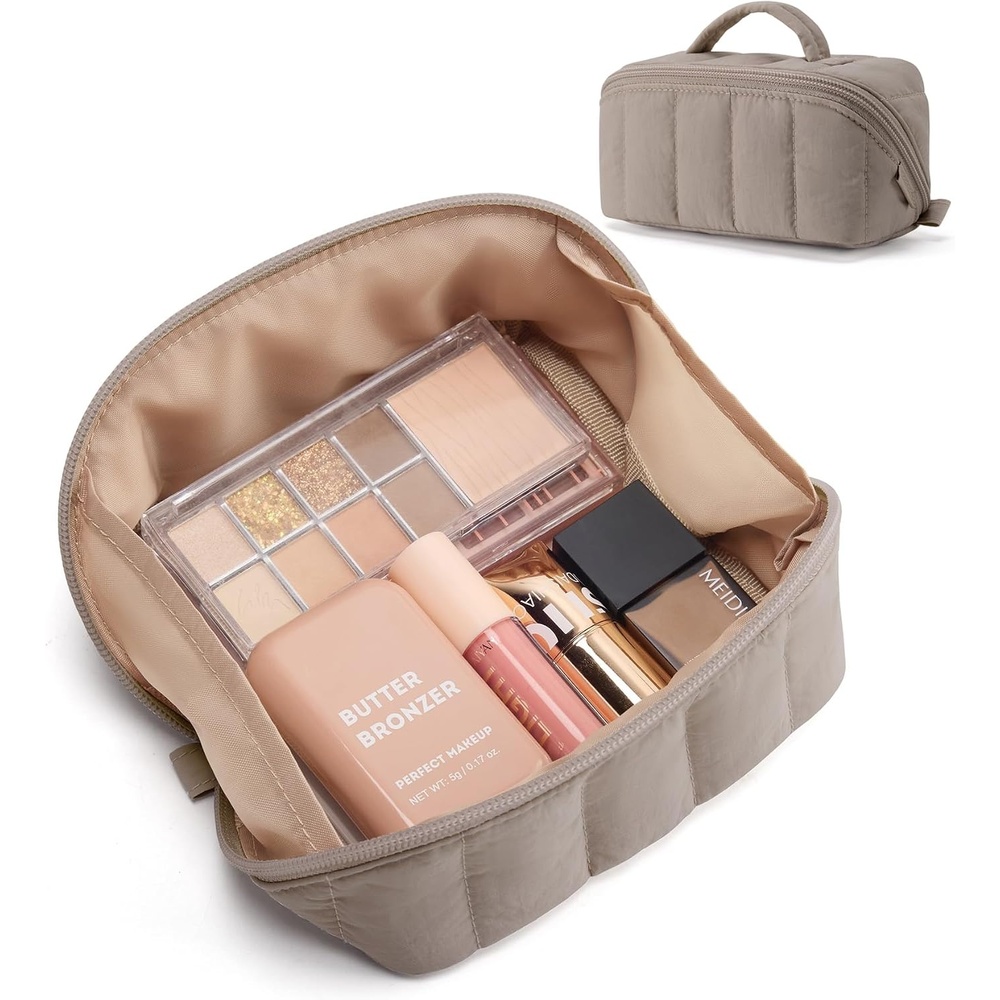 image:imageBAGSMART Makeup Bag Cosmetic Bag Travel Makeup BagWaterresistent Makeup Bags for Women Portable Pouch Open Flat Make Up Organizer Bag for Toiletries Brushes Pink05Greige