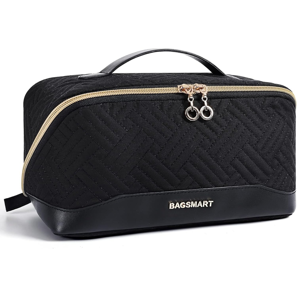 image:imageBAGSMART Makeup Bag Cosmetic Bag Travel Makeup BagWaterresistent Makeup Bags for Women Portable Pouch Open Flat Make Up Organizer Bag for Toiletries Brushes PinkBlack