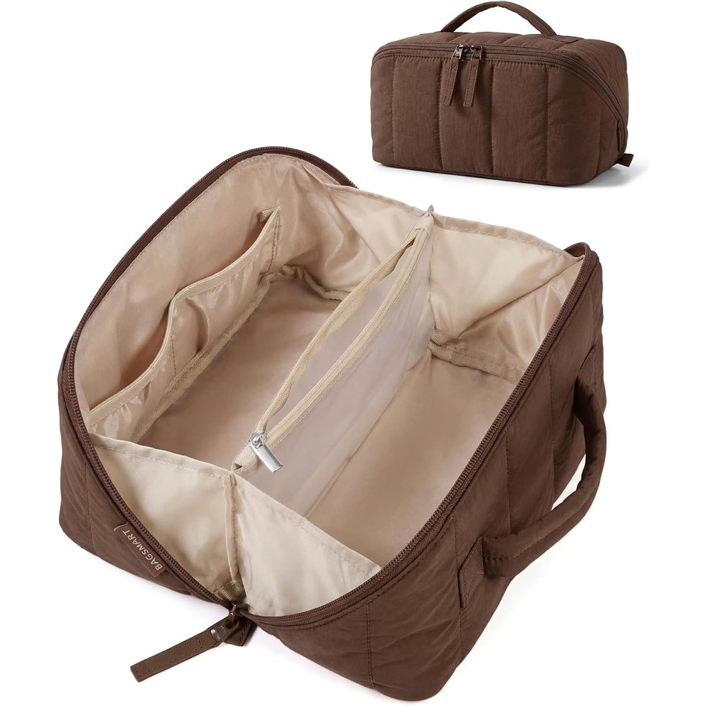image:imageBAGSMART Makeup Bag Cosmetic Bag Travel Makeup BagWaterresistent Makeup Bags for Women Portable Pouch Open Flat Make Up Organizer Bag for Toiletries Brushes Pink09Chocolate Brown